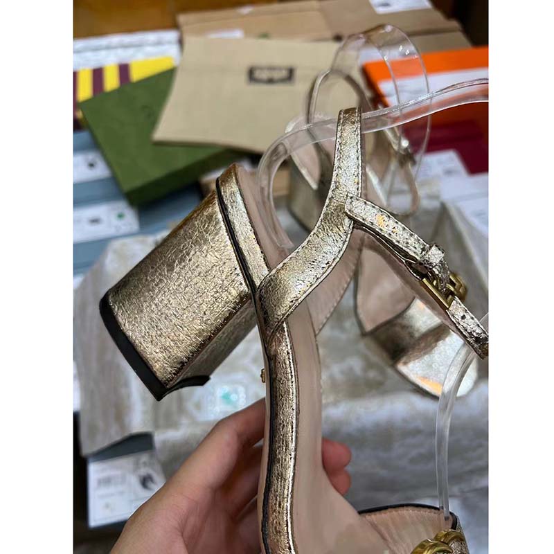 Gucci Women GG Metallic Laminate Leather Mid-Heel Sandal Double G 8 Cm Heel