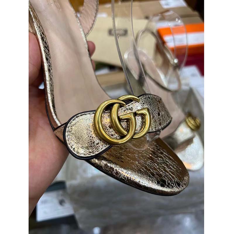 Gucci Women GG Metallic Laminate Leather Mid-Heel Sandal Double G 8 Cm Heel