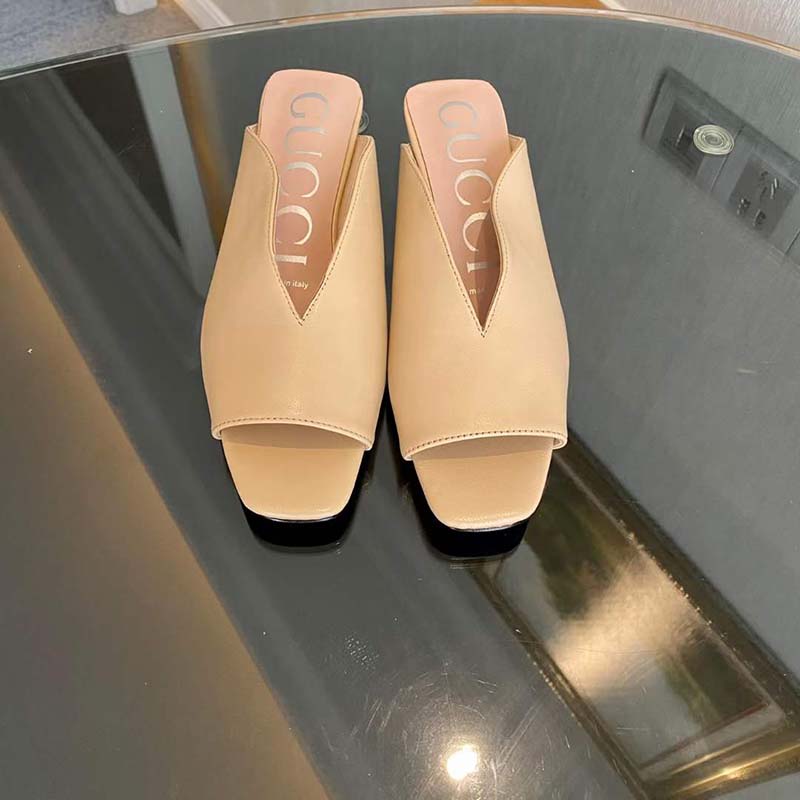 Gucci Women GG Mid-Heel Open-Toe Pump Light Pink Leather Sole 7.6 Cm Heel