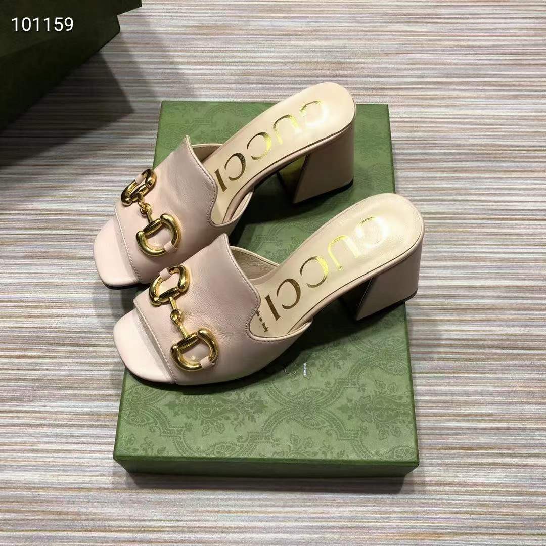 Gucci Women GG Slide Sandal Horsebit Pink Leather Mid 7.6 Cm Heel