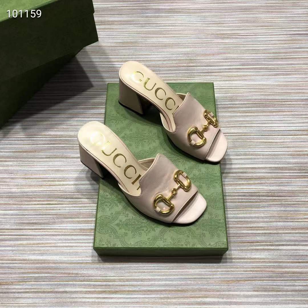Gucci Women GG Slide Sandal Horsebit Pink Leather Mid 7.6 Cm Heel