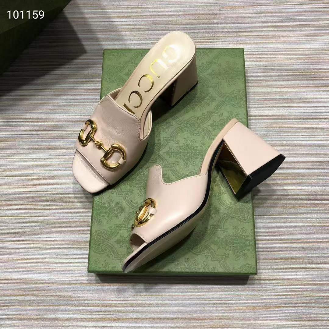 Gucci Women GG Slide Sandal Horsebit Pink Leather Mid 7.6 Cm Heel