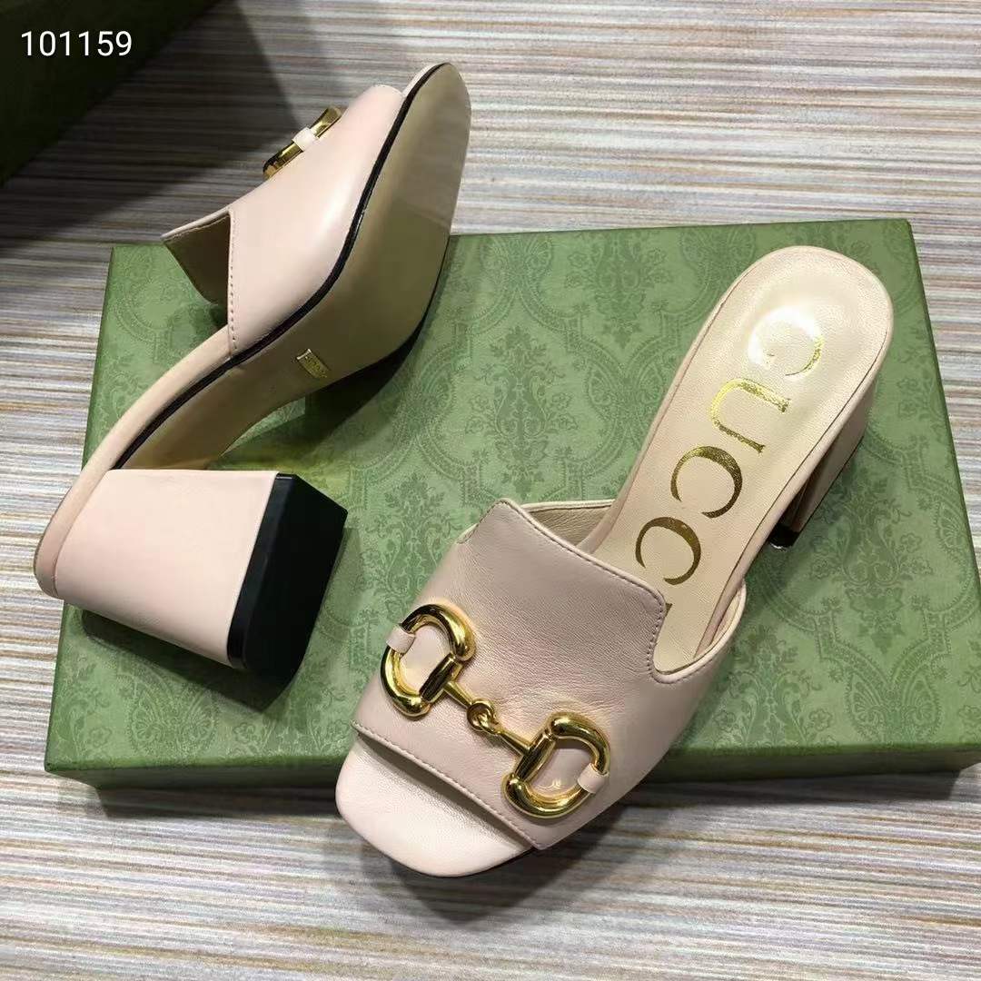 Gucci Women GG Slide Sandal Horsebit Pink Leather Mid 7.6 Cm Heel