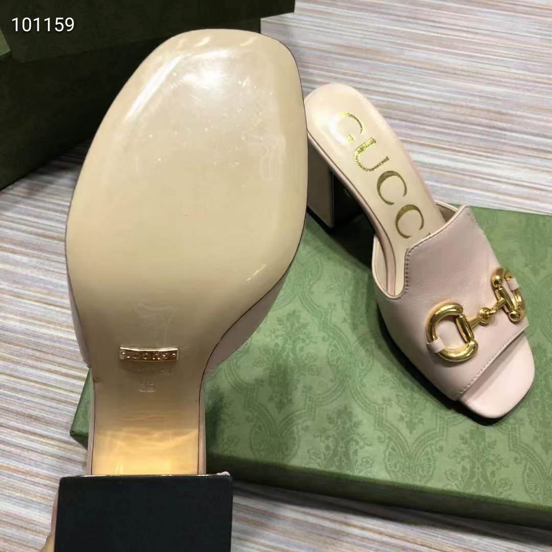 Gucci Women GG Slide Sandal Horsebit Pink Leather Mid 7.6 Cm Heel