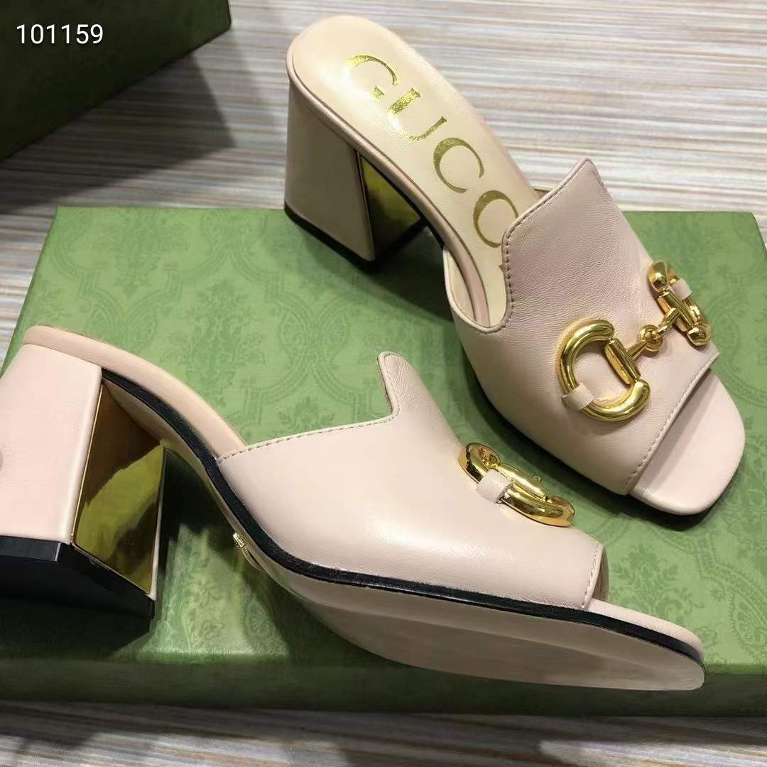 Gucci Women GG Slide Sandal Horsebit Pink Leather Mid 7.6 Cm Heel
