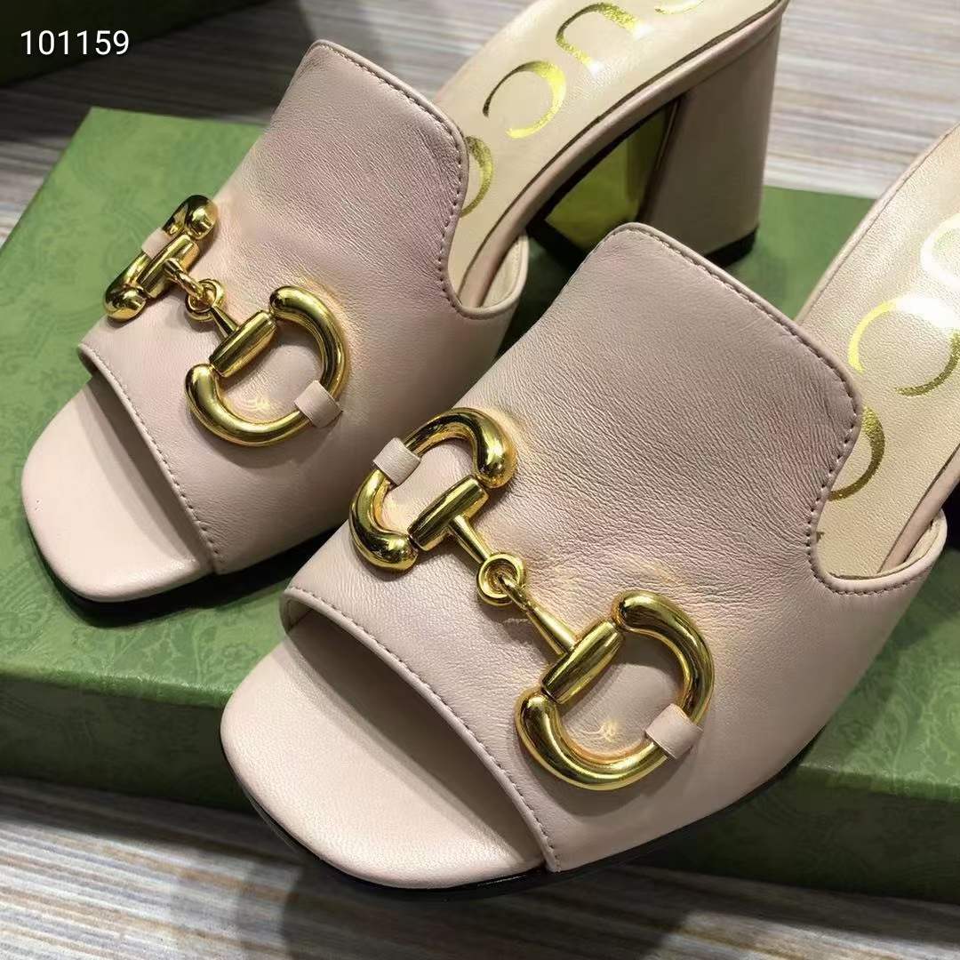 Gucci Women GG Slide Sandal Horsebit Pink Leather Mid 7.6 Cm Heel