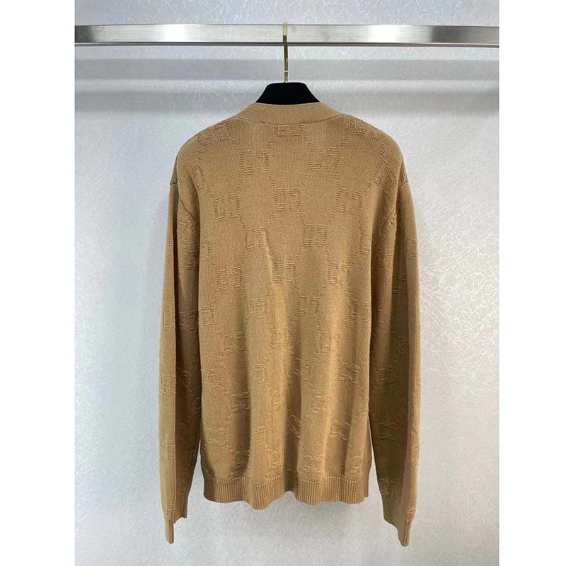 Gucci Men GG Wool Cardigan Beige V-Neck Collar Two Front Pockets