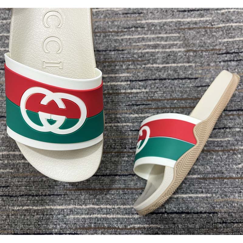 Gucci Women Interlocking G Slide Sandal Striped Rubber White Footbed Rubber Sole Flat