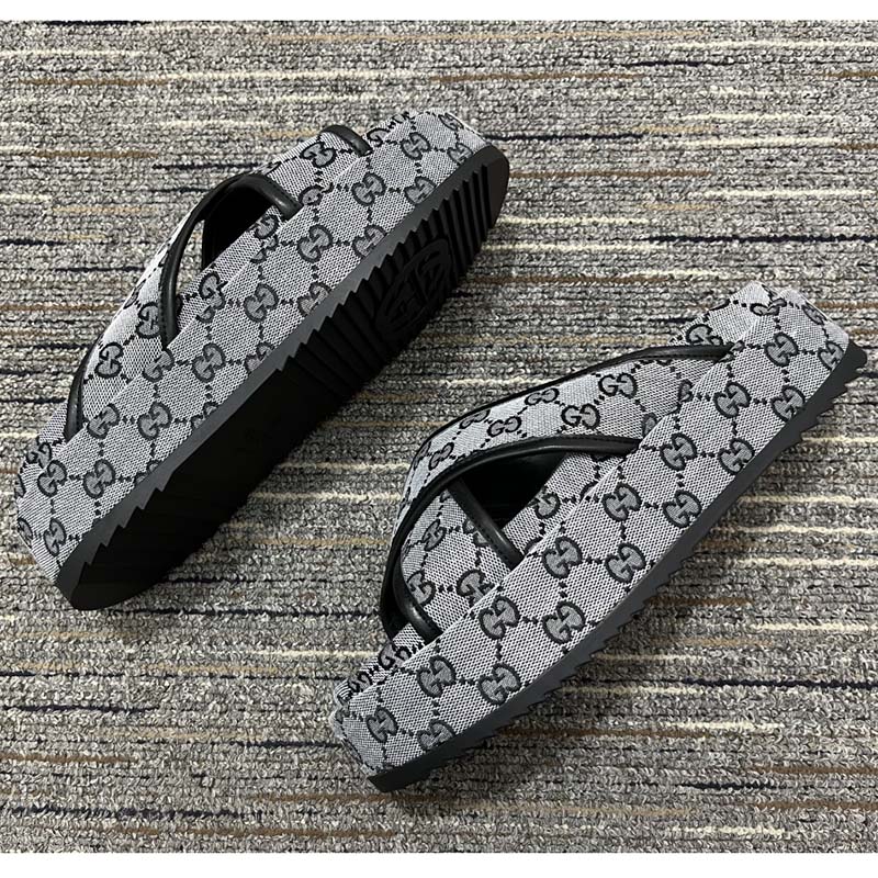Gucci Women Platform Slide Sandal Beige Blue Original GG Canvas Rubber Sole Low Heel