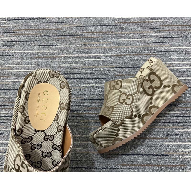 Gucci Women Platform Slide Sandal Camel Ebony Maxi GG Canvas High Heel 10 Cm