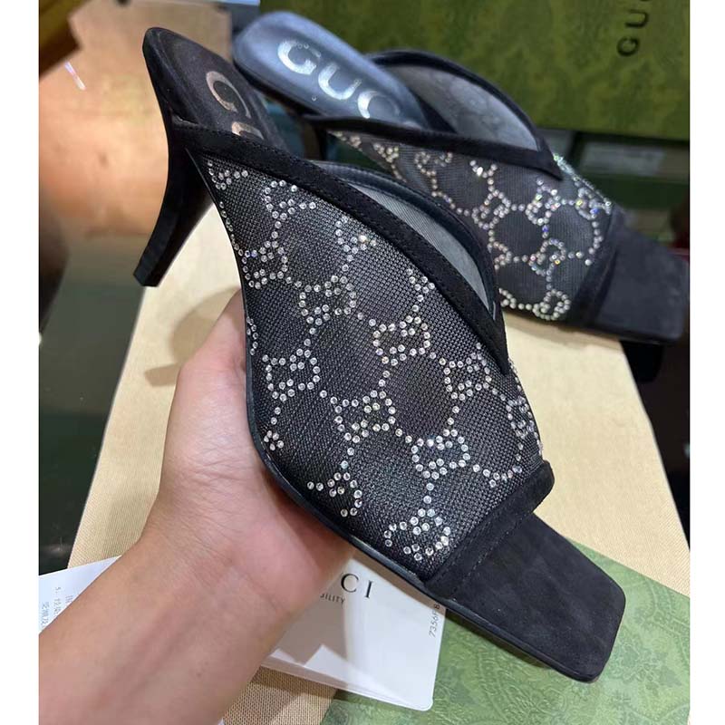 Gucci Women Sandal Black Mesh GG Crystals Square Toe Mid Heel 8 Cm Heel