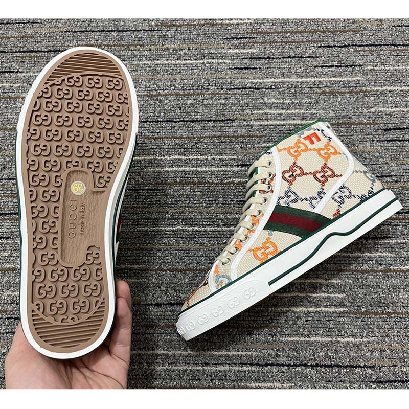 Gucci Women Tennis 1977 Sneaker Multicolor GG Linen Fabric Flat 2 Cm Heel