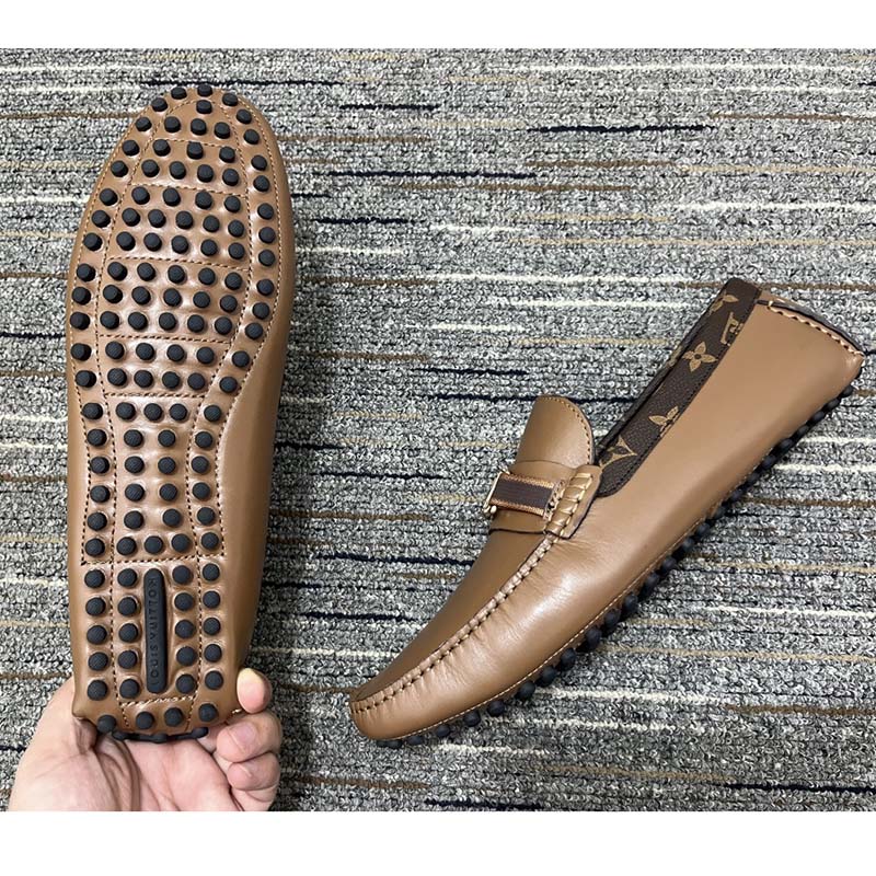 Louis Vuitton LV Men Hockenheim Moccasin Cognac Brown Calf Leather Monogram Canvas