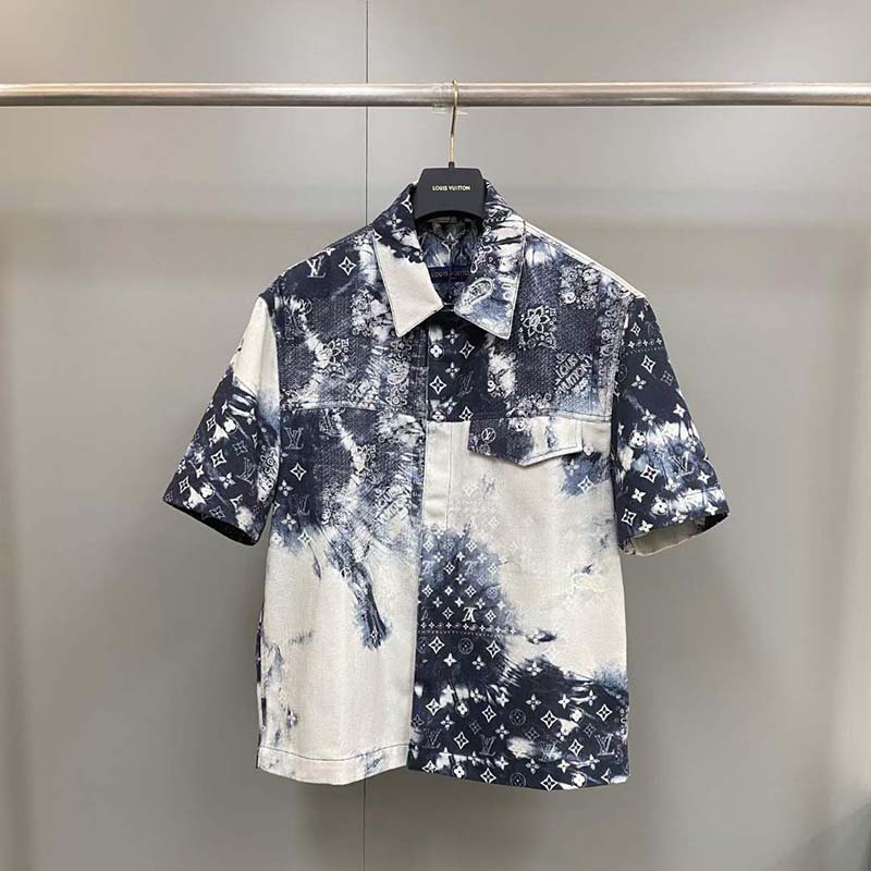 Louis Vuitton LV Men Monogram Bandana Short-Sleeved Denim Shirt Cotton Indigo Regular Fit