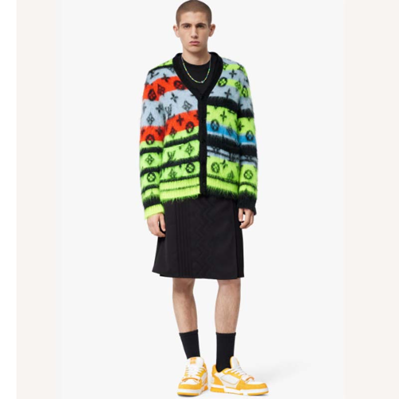 Louis Vuitton LV Men Monogram Black Lime Mohair Cardigan Multicolor Regular Fit