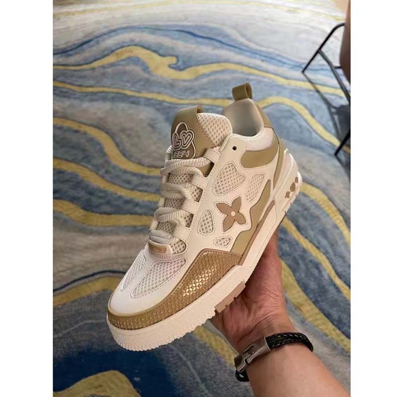 Louis Vuitton LV Unisex Trainer Sneaker Beige Monogram Denim Velcro Strap Rubber Outsole