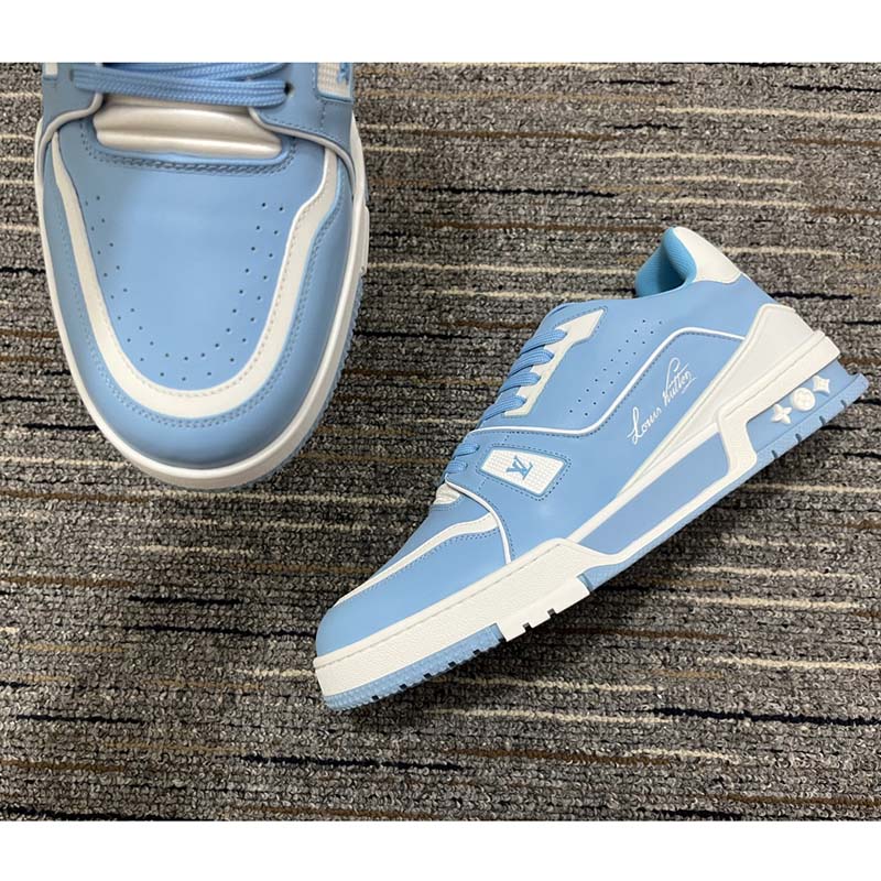 Louis Vuitton LV Unisex Trainer Sneaker Blue Mix Materials 54 Rubber Outsole Monogram Flowers