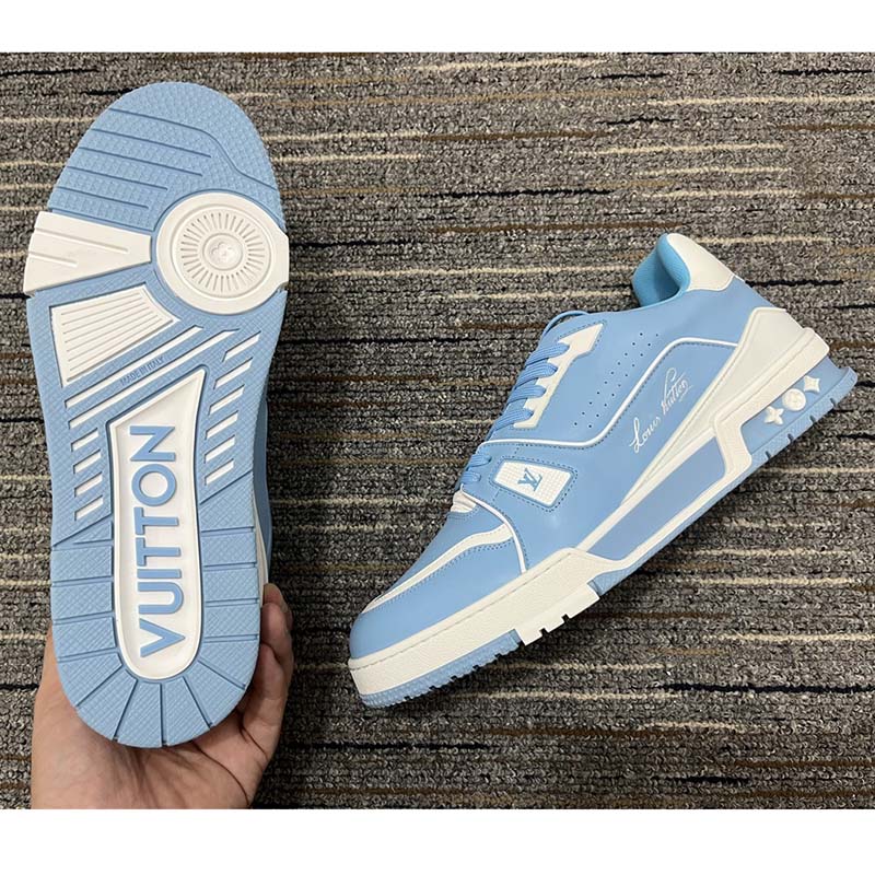 Louis Vuitton LV Unisex Trainer Sneaker Blue Mix Materials 54 Rubber Outsole Monogram Flowers
