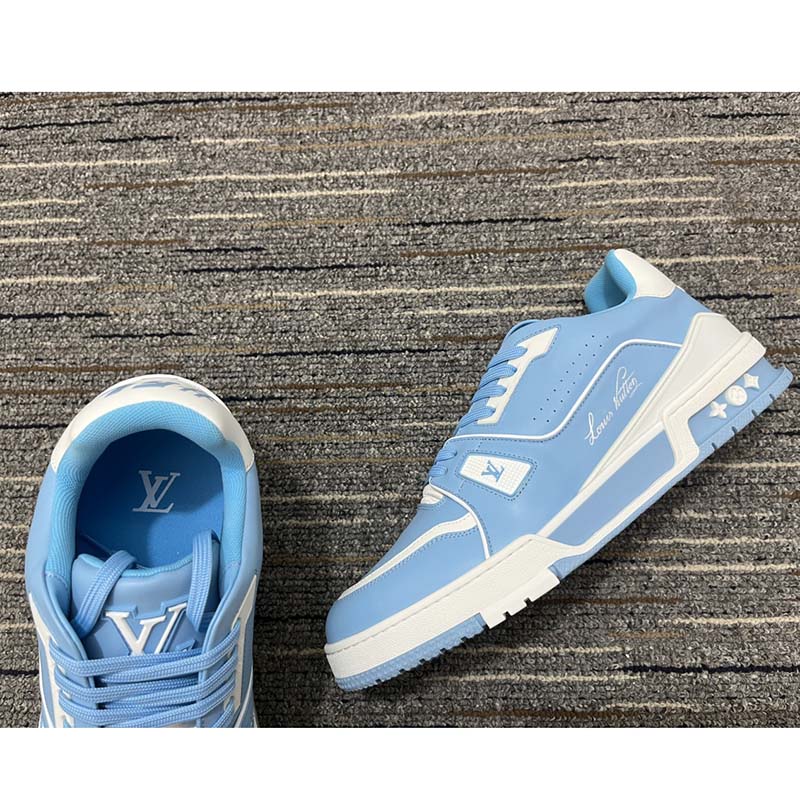 Louis Vuitton LV Unisex Trainer Sneaker Blue Mix Materials 54 Rubber Outsole Monogram Flowers