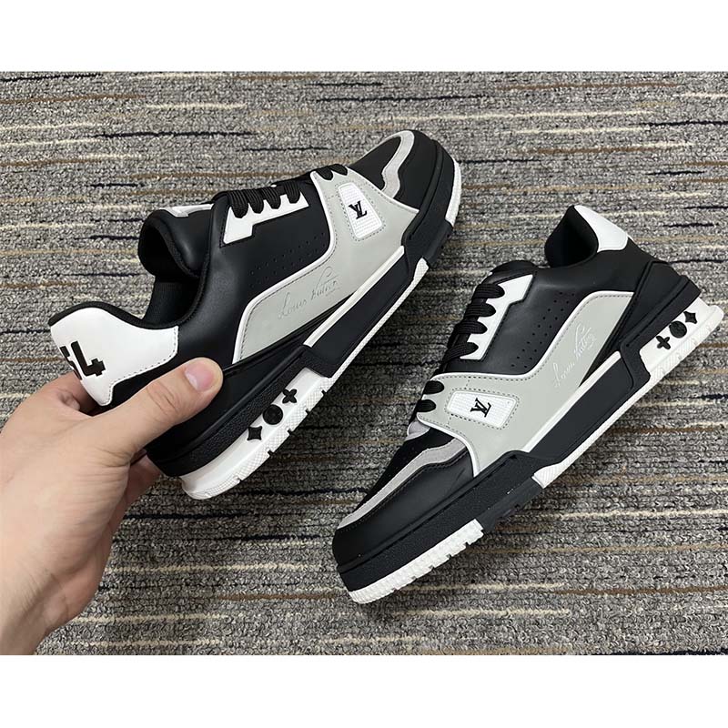 Louis Vuitton Men LV Trainer Sneaker Black Mix Materials Rubber Outsole 54 Monogram Flowers