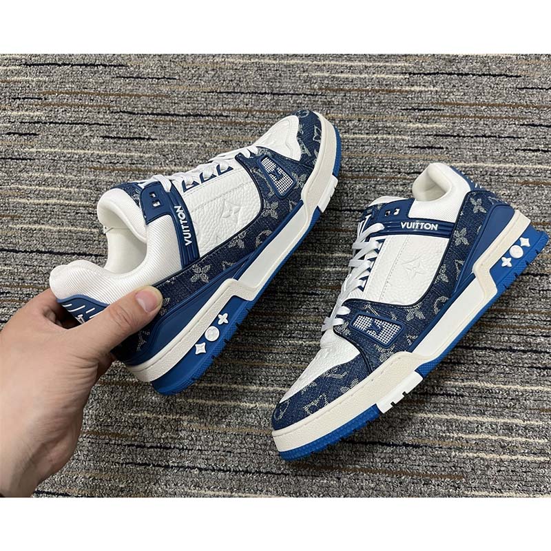 Louis Vuitton Unisex LV Trainer Sneaker Blue Monogram Denim Embossed Grained Calf Leather