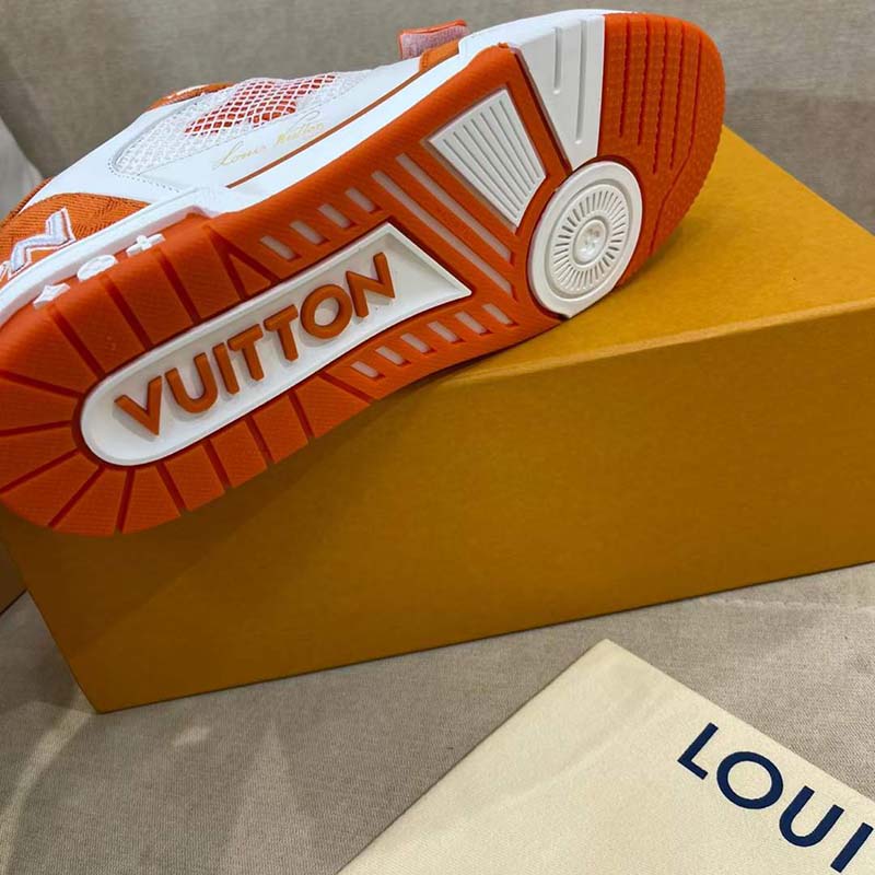 Louis Vuitton Unisex LV Trainer Sneaker Orange Monogram Denim Rubber Outsole Monogram Flowers