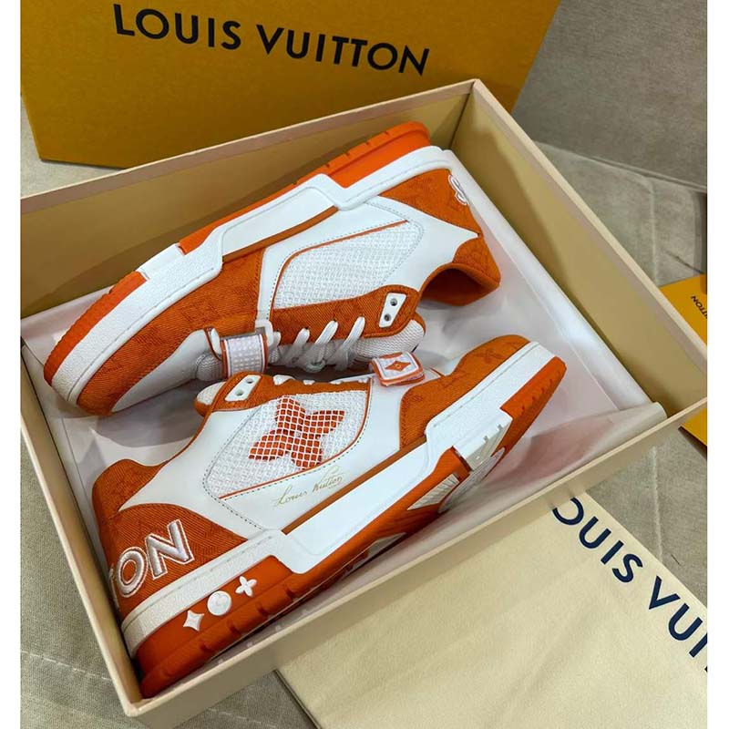 Louis Vuitton Unisex LV Trainer Sneaker Orange Monogram Denim Rubber Outsole Monogram Flowers