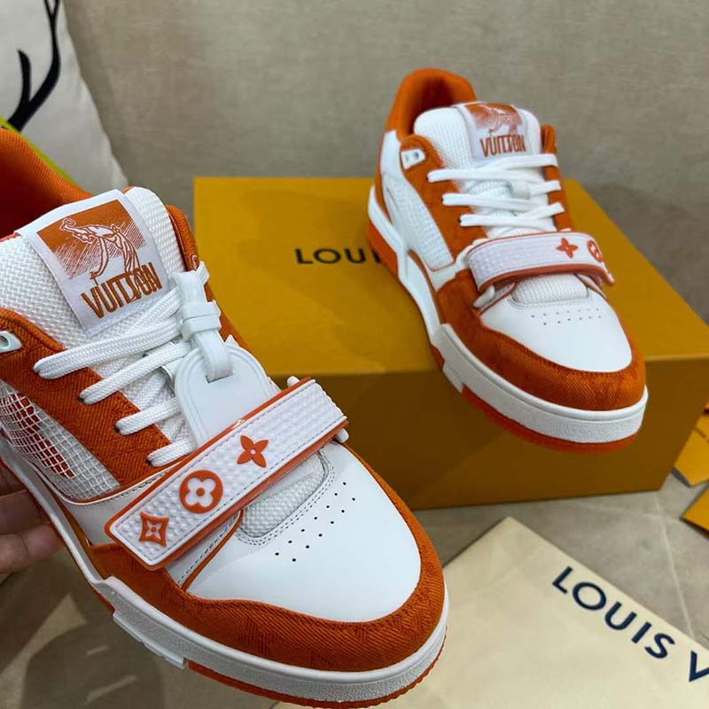 Louis Vuitton Unisex LV Trainer Sneaker Orange Monogram Denim Rubber Outsole Monogram Flowers