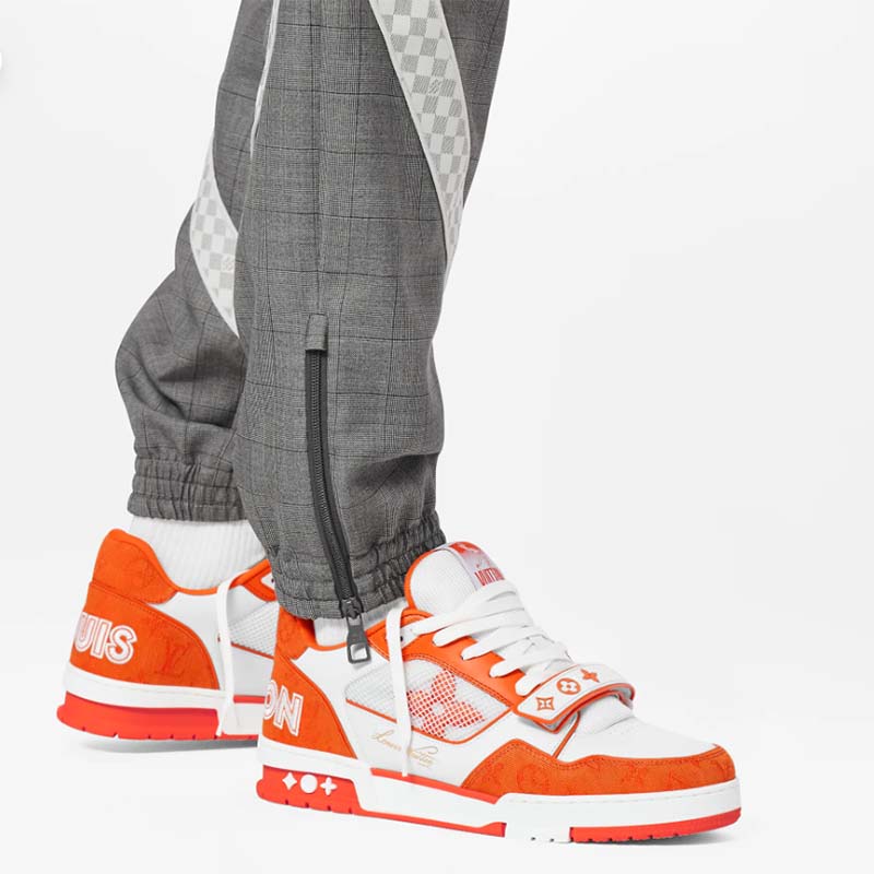 Louis Vuitton Unisex LV Trainer Sneaker Orange Monogram Denim Rubber Outsole Monogram Flowers