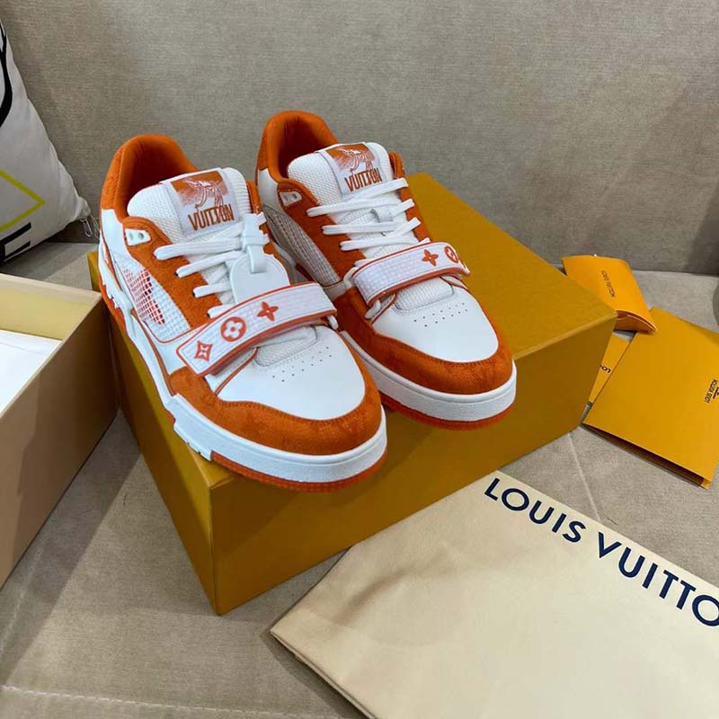 Louis Vuitton Unisex LV Trainer Sneaker Orange Monogram Denim Rubber Outsole Monogram Flowers