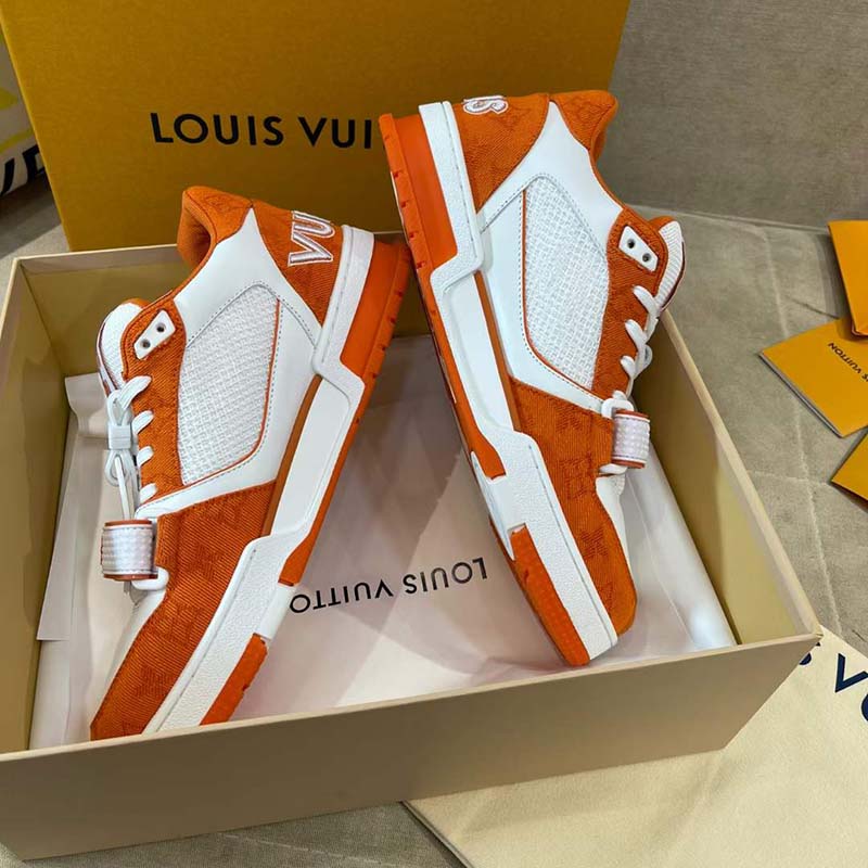 Louis Vuitton Unisex LV Trainer Sneaker Orange Monogram Denim Rubber Outsole Monogram Flowers