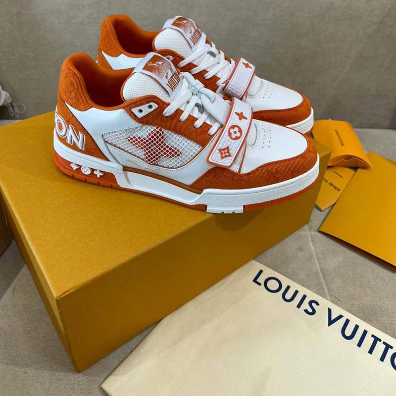 Louis Vuitton Unisex LV Trainer Sneaker Orange Monogram Denim Rubber Outsole Monogram Flowers