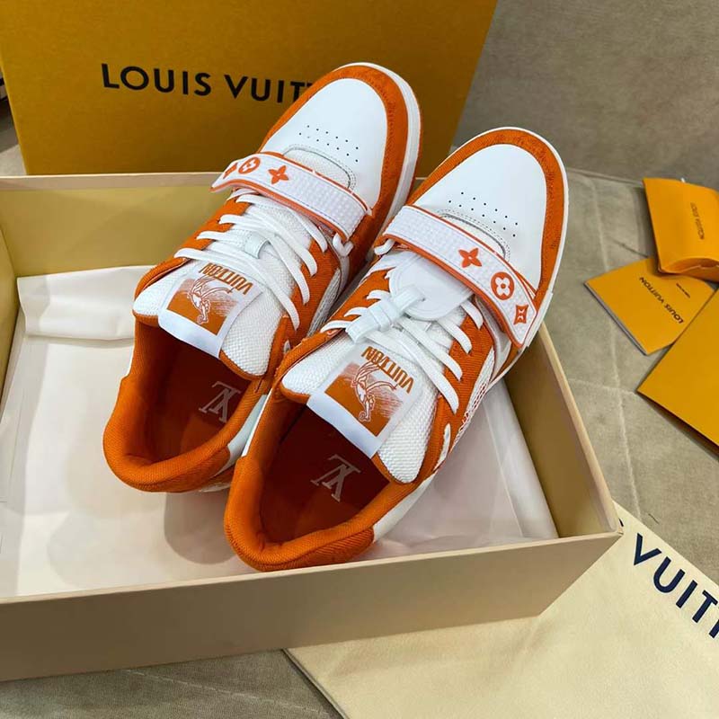 Louis Vuitton Unisex LV Trainer Sneaker Orange Monogram Denim Rubber Outsole Monogram Flowers