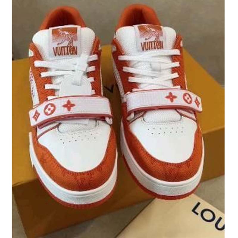 Louis Vuitton Unisex LV Trainer Sneaker Orange Monogram Denim Rubber Outsole Monogram Flowers