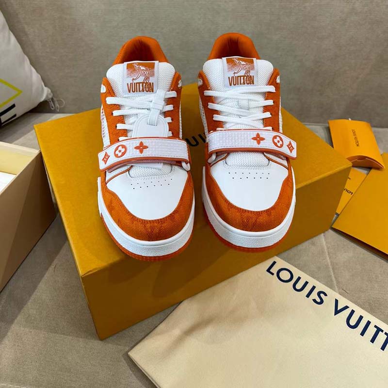 Louis Vuitton Unisex LV Trainer Sneaker Orange Monogram Denim Rubber Outsole Monogram Flowers