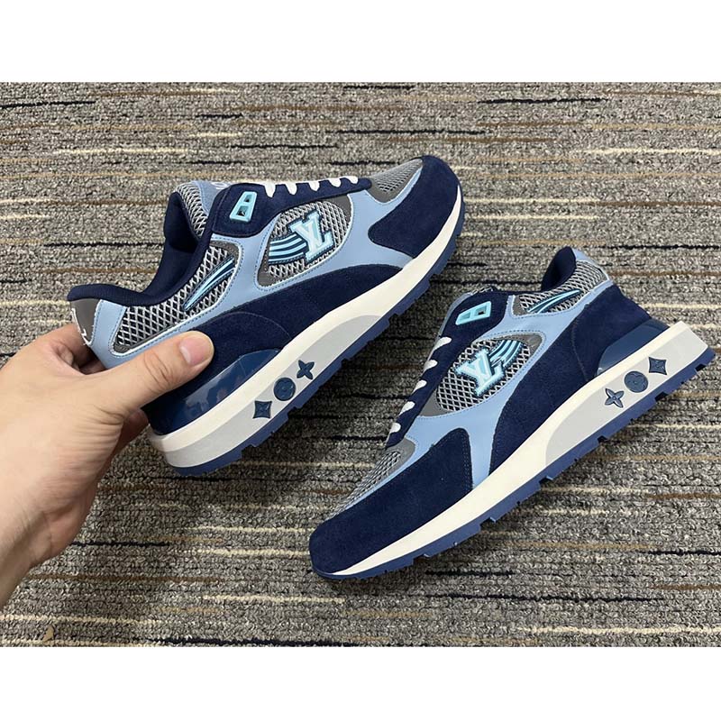 Louis Vuitton Unisex Run Away Sneaker Blue Mesh Suede Calf Leather Monogram Flowers