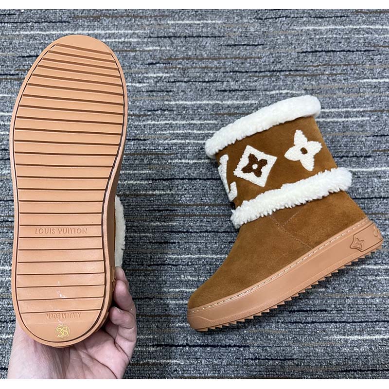 Louis Vuitton Women LV Snowdrop Flat Ankle Boot Brown Suede Calf Leather Shearling Wool