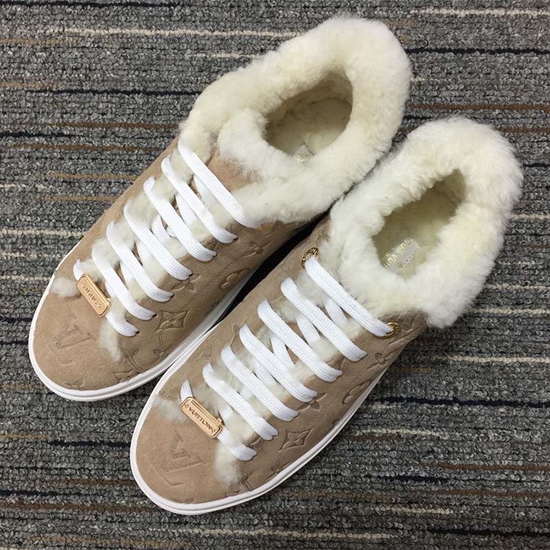Louis Vuitton Women LV Time Out Sneaker Monogram Embossed Suede Calf Leather Shearling