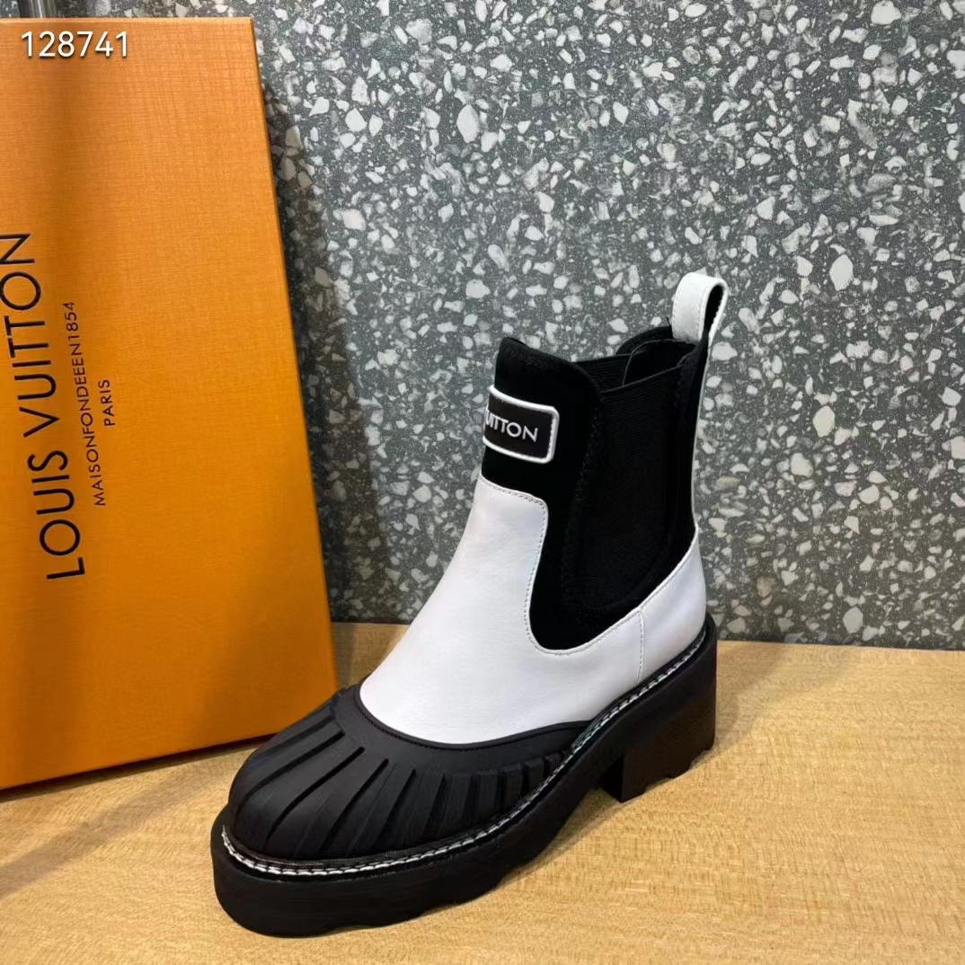 Louis Vuitton Women Shoes LV Beaubourg Ankle Boot Ecru White Calf Leather Neoprene