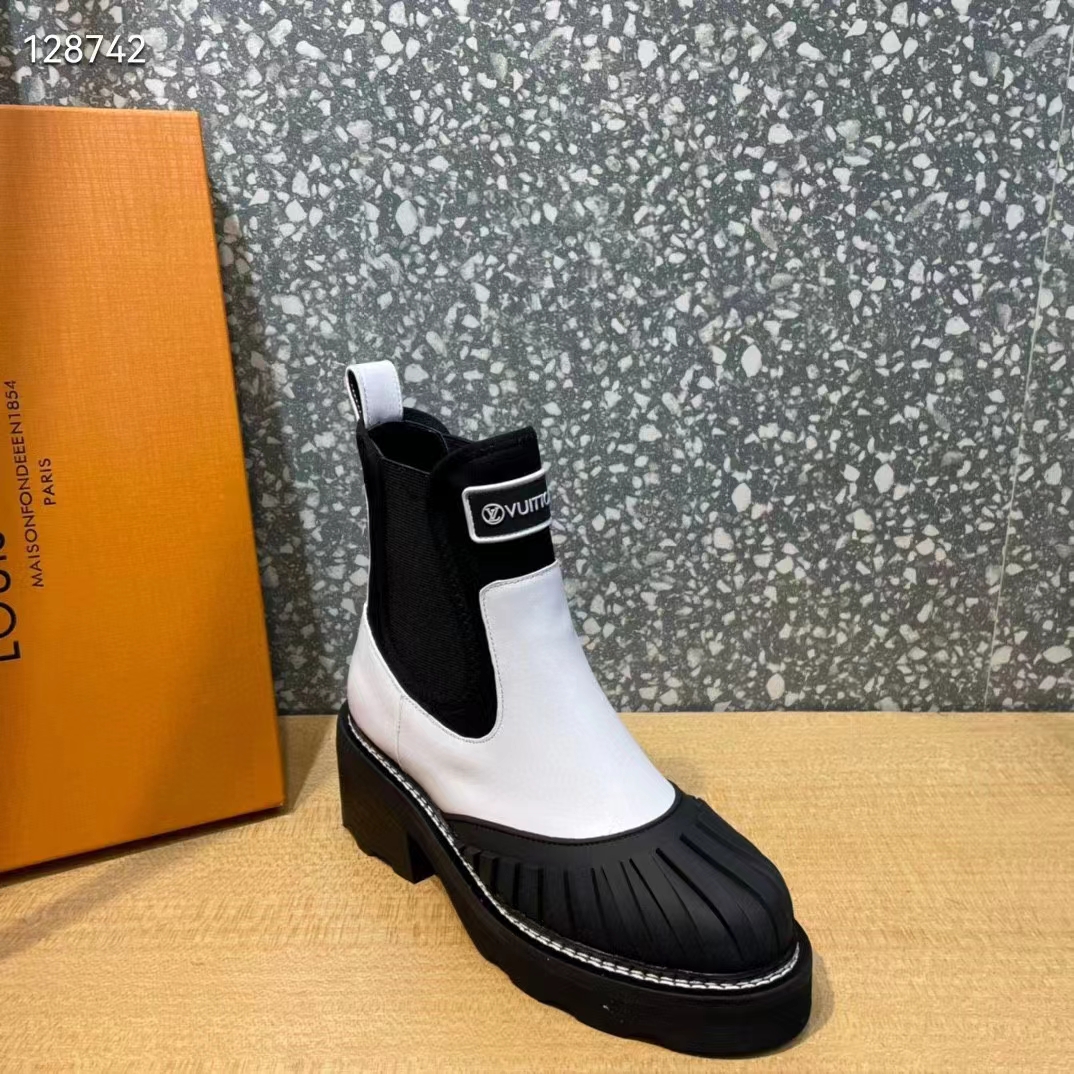 Louis Vuitton Women Shoes LV Beaubourg Ankle Boot Ecru White Calf Leather Neoprene