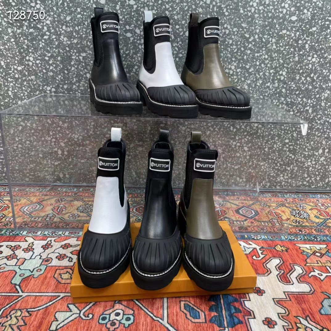 Louis Vuitton Women Shoes LV Beaubourg Ankle Boot Khaki Green Calf Leather Neoprene