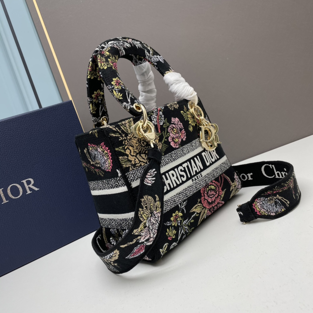 Dior Women CD Medium Lady D-Lite Bag Black Multicolor Jardin Botanique Embroidery