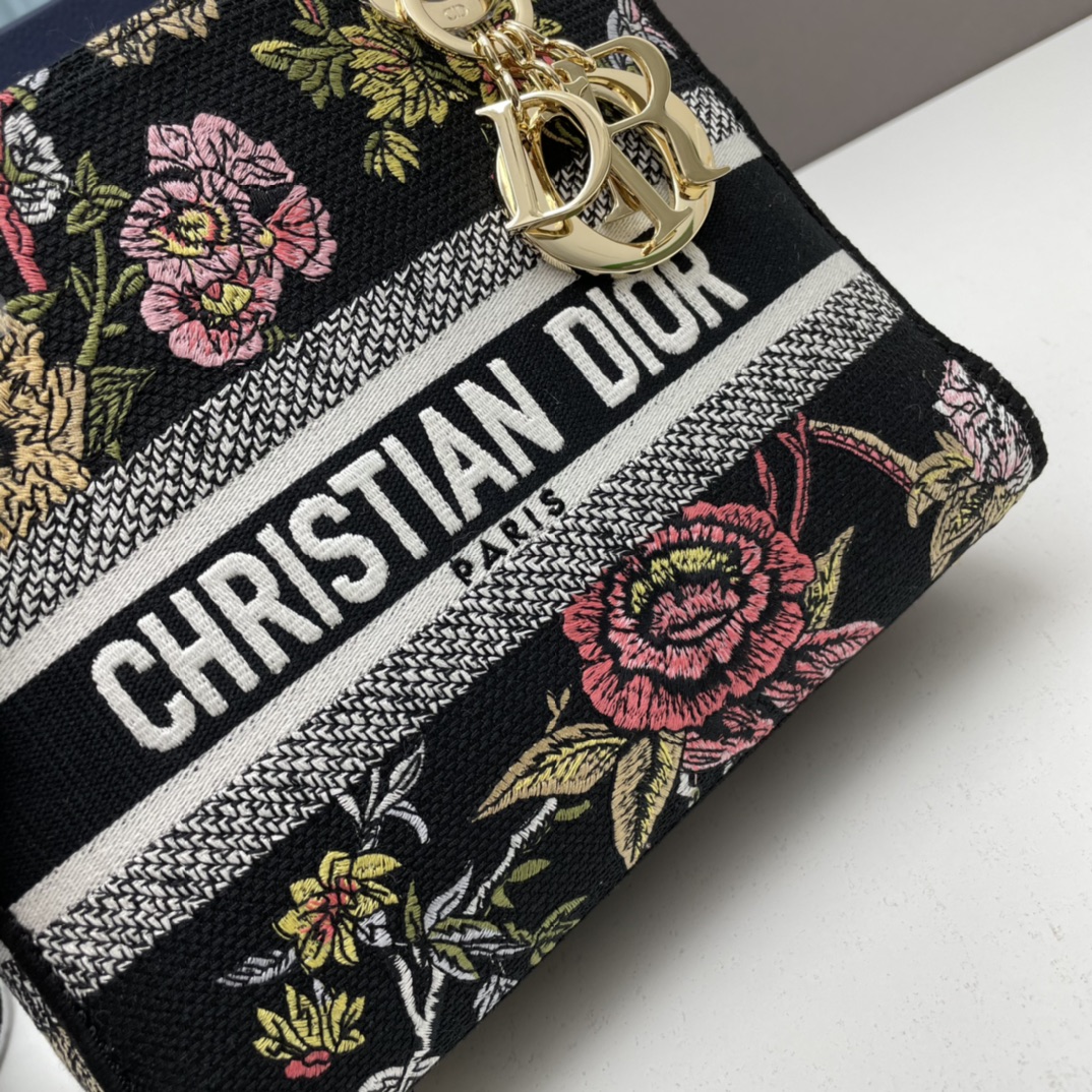 Dior Women CD Medium Lady D-Lite Bag Black Multicolor Jardin Botanique Embroidery