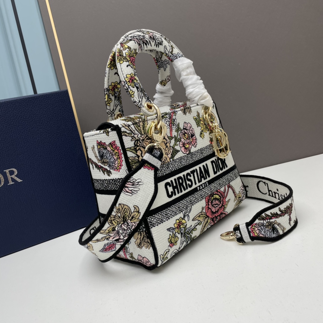 Dior Women CD Medium Lady D-Lite Bag White Multicolor Jardin Botanique Embroidery