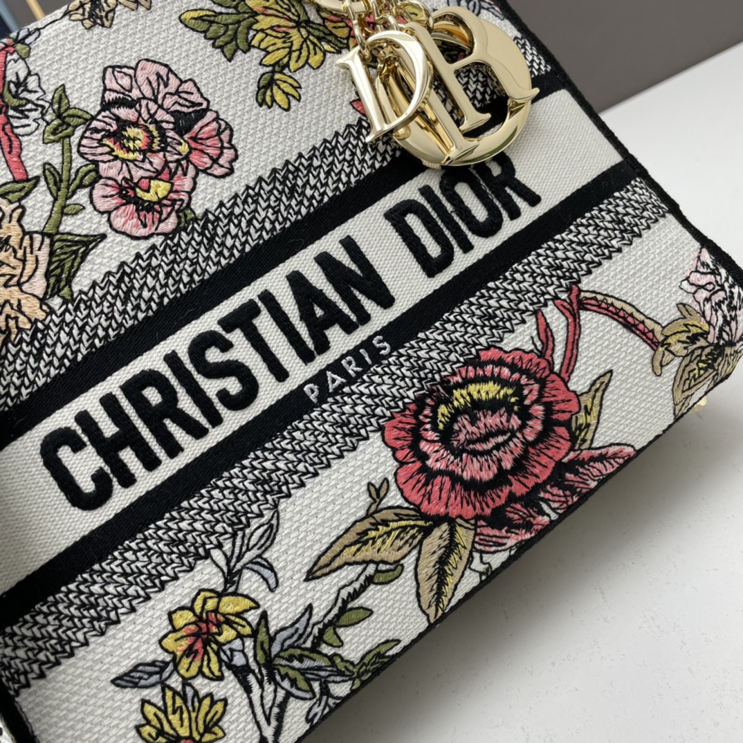 Dior Women CD Medium Lady D-Lite Bag White Multicolor Jardin Botanique Embroidery