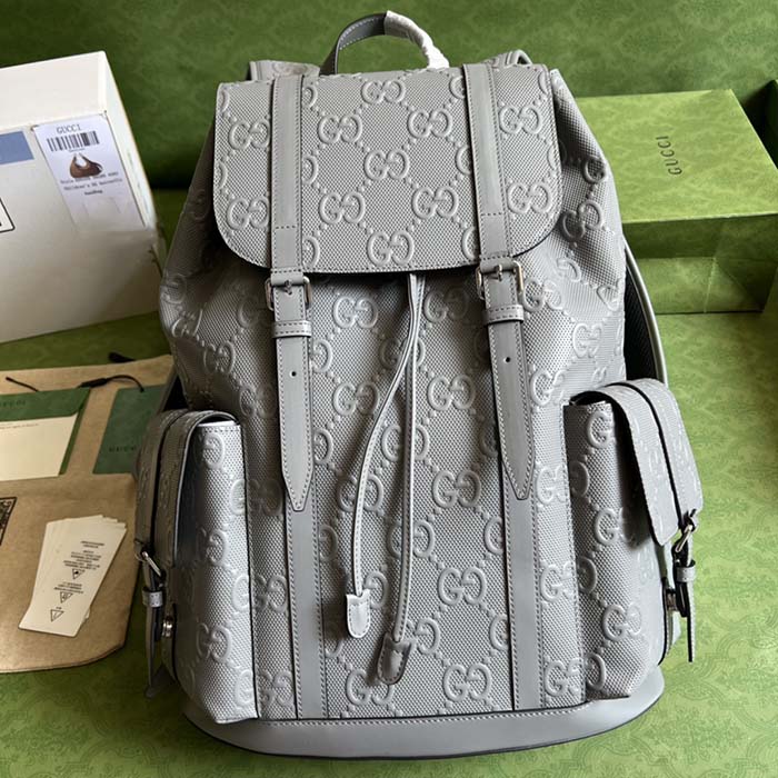 Gucci GG Unisex GG Embossed Backpack Grey GG Embossed Leather