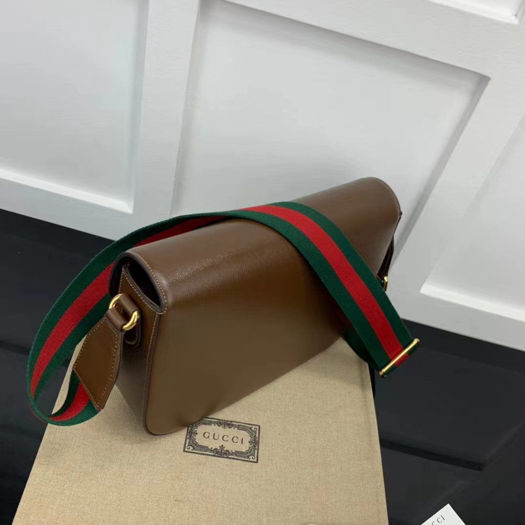 Gucci GG Unisex Horsebit 1955 Shoulder Bag Brown Leather Green Red Web