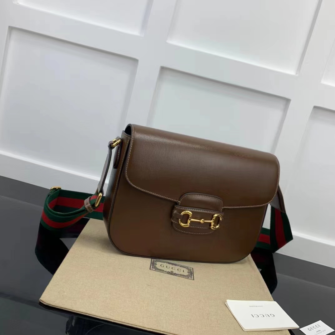 Gucci GG Unisex Horsebit 1955 Shoulder Bag Brown Leather Green Red Web