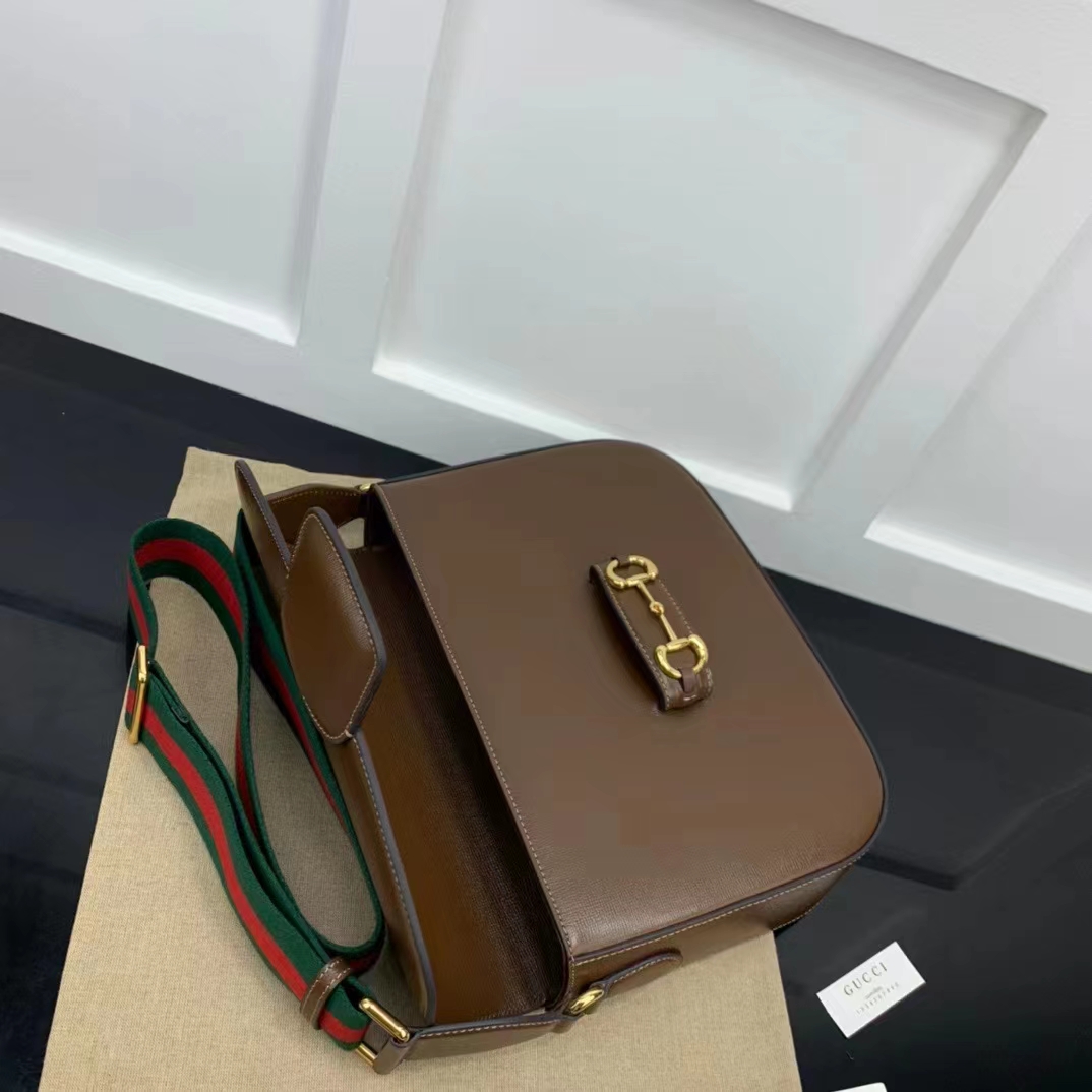 Gucci GG Unisex Horsebit 1955 Shoulder Bag Brown Leather Green Red Web