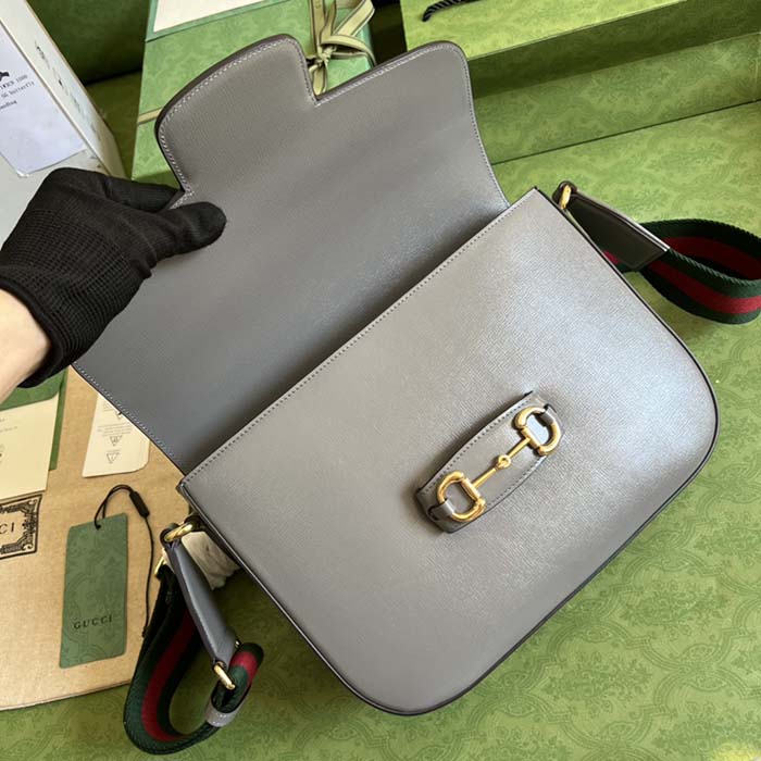 Gucci GG Unisex Horsebit 1955 Shoulder Bag Grey Leather Flap Closure